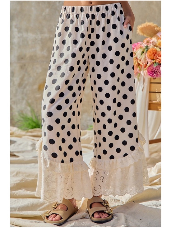 BiBi Pants - Bibi Polka dot Print Eyelet Ruffle hem Wide Leg Pants